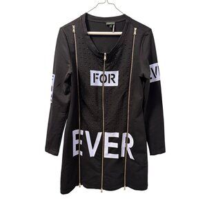 Tricotto Black Studded "For Ever" Zip-Up Long Sleeve Graphic Dress Sz S.